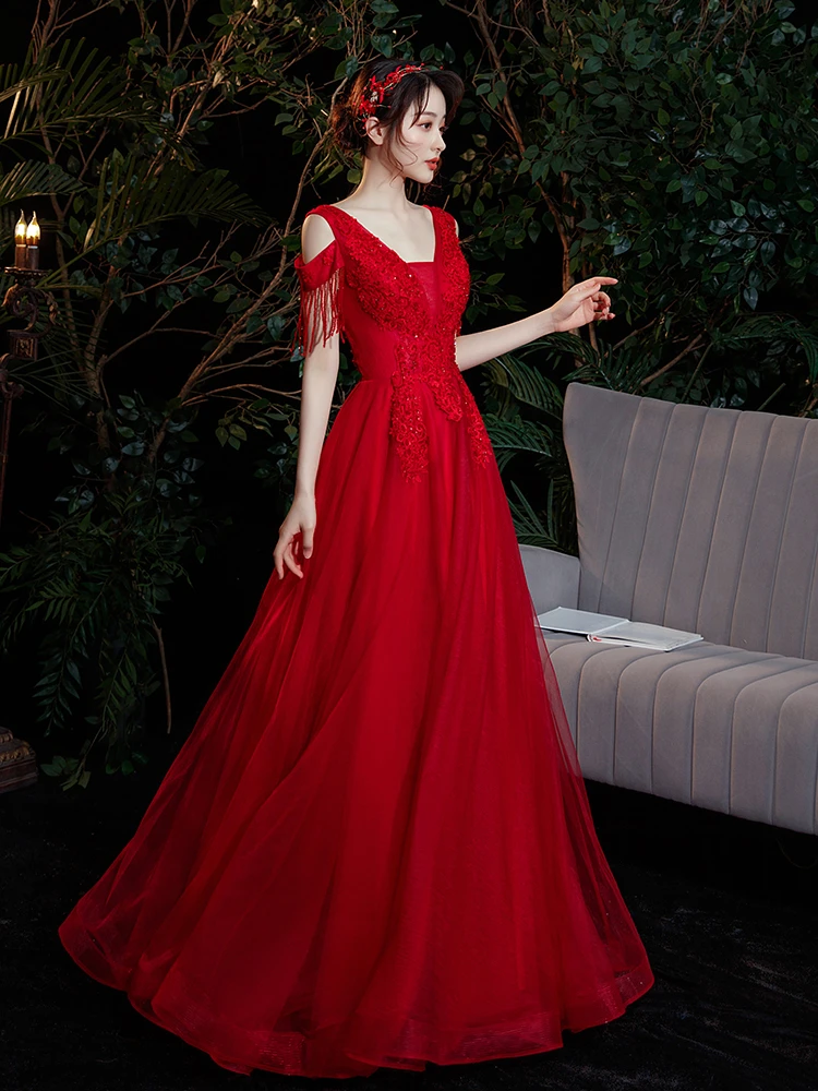 plus size ball gowns Red A-line Long Evening Dresses For Wedding Party Elegant V-neck Shoulder Strasp Floor-length Tulle Women Prom Gowns 2021 white evening gowns