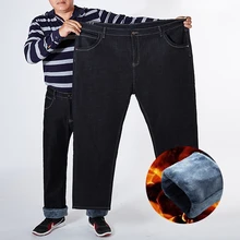 Деловые повседневные штаны размера плюс, мужские теплые джинсы, хлопок, эластичные, качественные, брендовые, зимние, флисовые, мужские, джинсовые, длинные брюки, 4XL 5xl