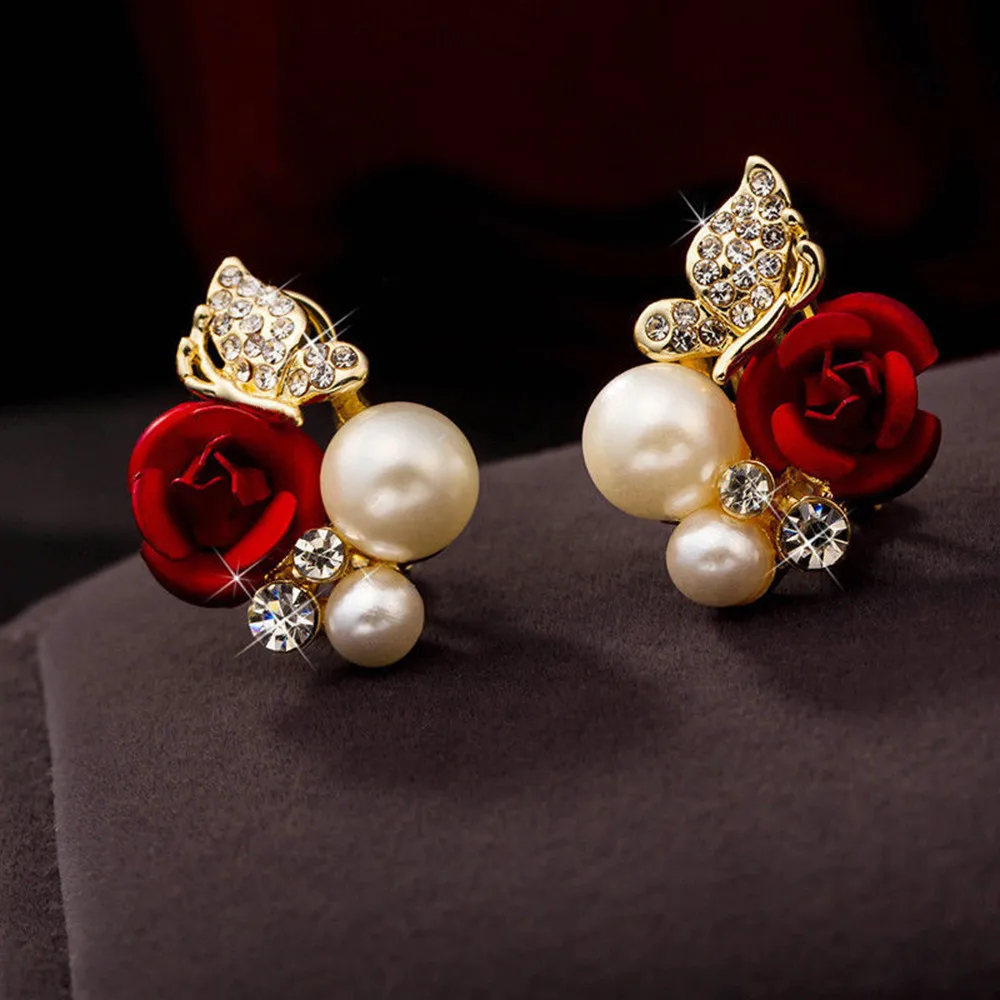 

Fashion Ear Stud 1 Pair Red Rose Flower Imitation Pearl Plated Crystal Stud Earrings for women