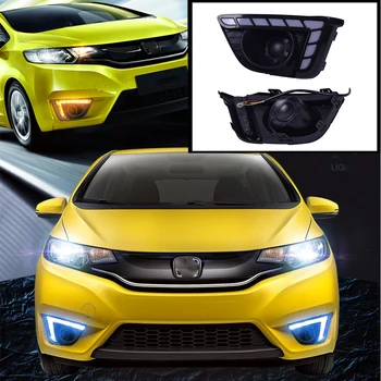

ECAHAYAKU 1 Pair LED DRL Daytime Running Light for Honda Fit 2014 2015 2016 with Yellow Turn Signal Light Car Styling Headlight