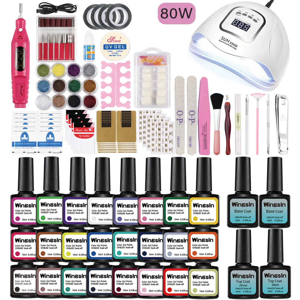 Buen valor Juego de manicura con secador, lámpara LED UV, 80W, 54W, 24/16/8 Uds., Kit de esmalte de Gel nlKk18r10