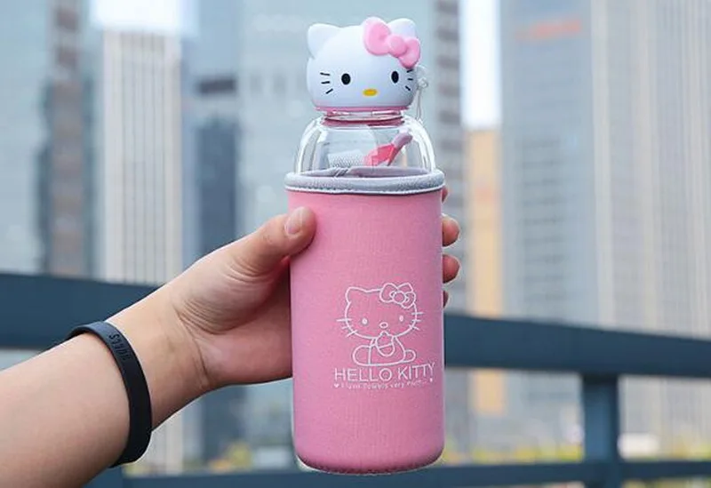 Creative Cat Head Cartoon Glass Water Cup Korean Version Portable Cute Female Student drop-resistant Children Cups With Bag