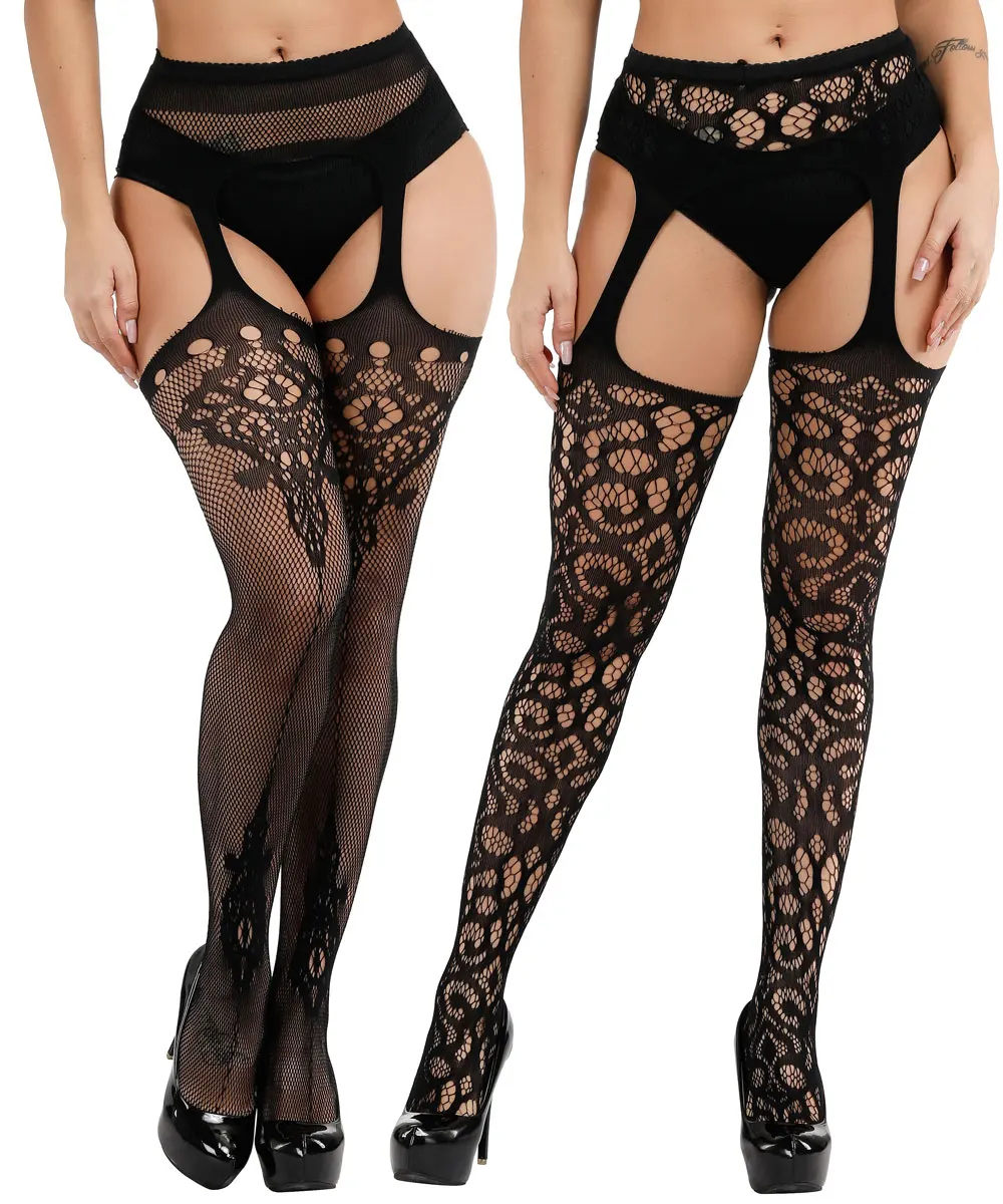 Buitifo Womens Fishnet Tights Suspender Pantyhose Thigh-High Stockings Black