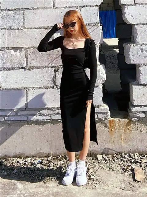 Girls Lengthy Sleeve Costume Mid-calf Size Sq. Collar Black Sheath Retro Slim Attractive Classic Aspect Slit Stretchy All-match Easy 88 H17c10de5478f4d90a284561d8aa3d841r