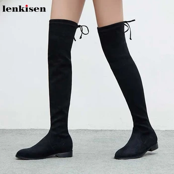 

Lenkisen hot fashion star streetwear stretch flock low heels round toe lace up winter keep warm women over-the-knee boots L01