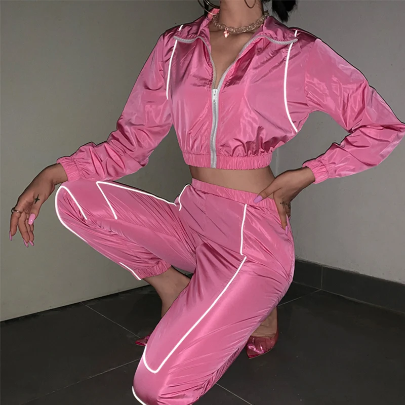 SFIT, женский сексуальный светоотражающий спортивный костюм, ночная версия, пуговицы, отложной воротник, длинный рукав, укороченный топ+ повседневные штаны, комплект из двух предметов