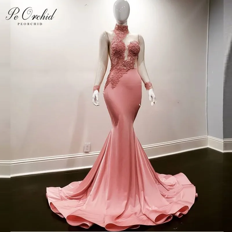 PEORCHID Dusty Pink Lace Mermaid Prom Dresses For Black Girls 2021 Elegant Stain High Neck Formal Evening Gown Woman Party Night ball gown dress Prom Dresses