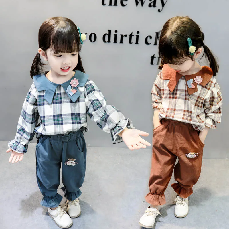 

Spring Autumn Baby Girls Adorable Plaid Print Tops Blouse Cartoon Pants Trousers Casual Peter Pan Collar Outfits Clothes