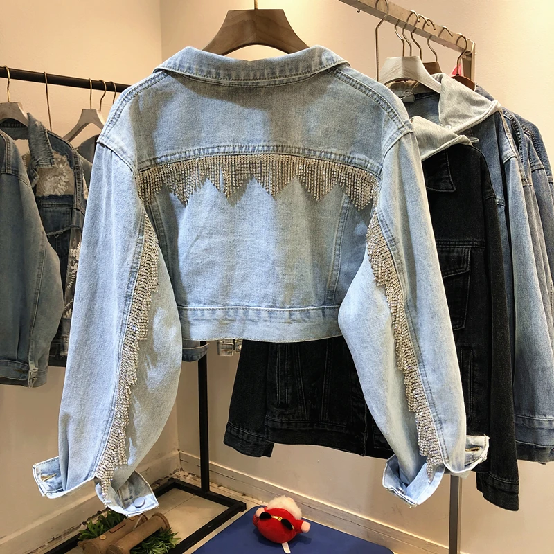 

Heavy work Diamond Chain Tassel Washed Light blue Super short denim jacket Women's 2020 Spring Autumn New Kurtka Jeansowa Damska