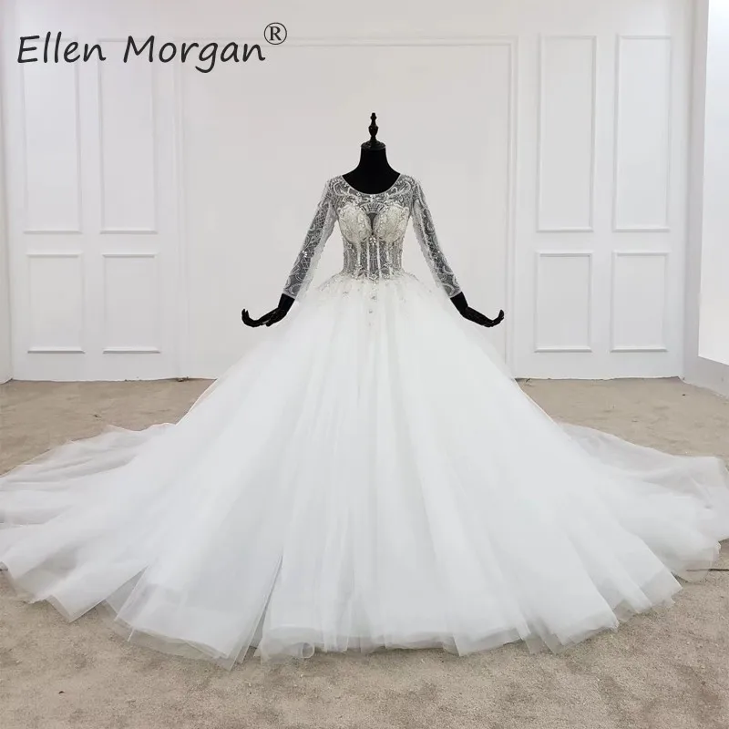 Vestidos De Novia, бальные платья принцессы цвета слоновой кости для невесты, длинные рукава, вырез лодочкой, бисер, тюль, настоящие фотографии, свадебные платья