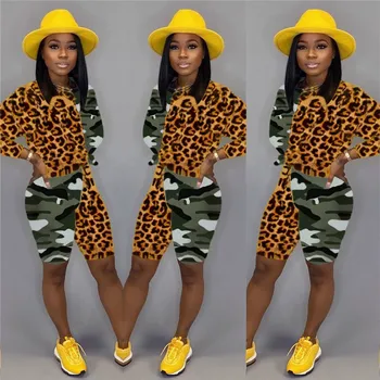 

2020 Leopard Camouflage Print 2 Piece Set Sexy Long Top And Knee Length Women Pants Outfits Matching Set Tracksuit