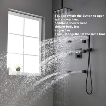 

Brass Thermostatic Rectangular 12 x 8 Inch Ceiling Rainfall Shower System, 6 Pcs Body Jet Mixer Set, Black Finish