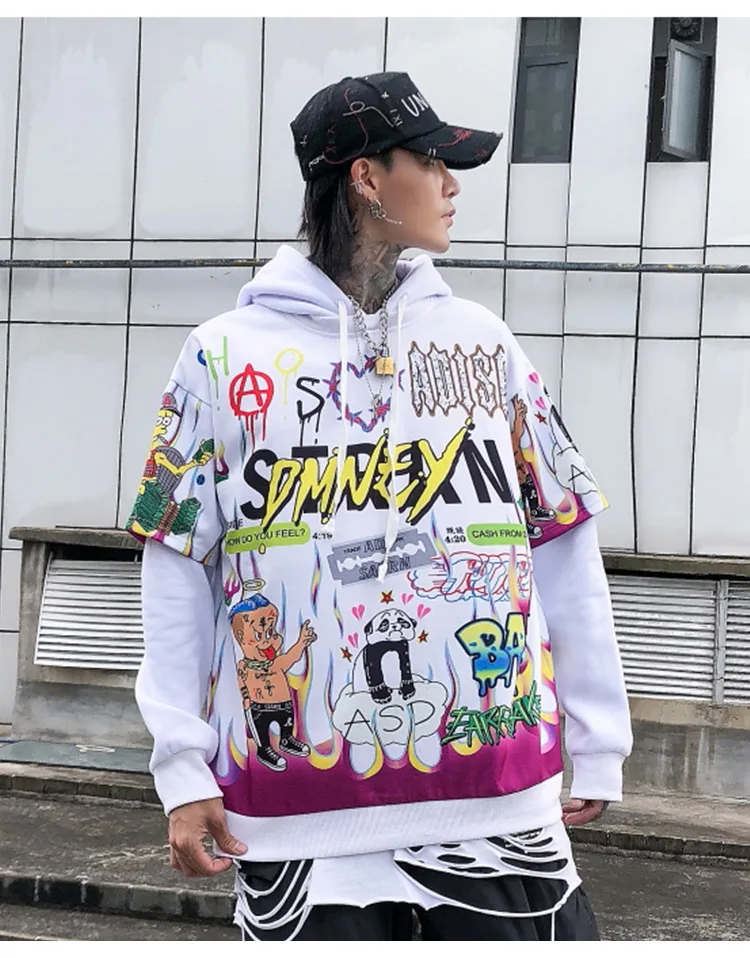 Aolamegs Hoodies Men Hip Hop Letter Print Men Pullover Cartoon Oversize Style Hooded Sweatshirt Lover High Street Streetwear