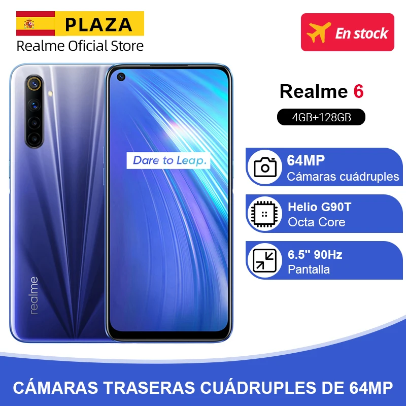 Versión global Realme 6 Smartphone 4GB 128GB 6.5 Pantalla 90Hz 64MP Cámaras traseras cuádruples Helio G90T 4300mAh 30W Carga