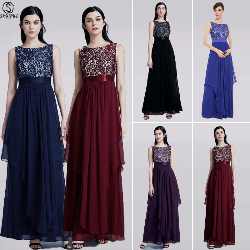 Skyyue шифоновое платье подружки невесты без рукавов плиссированные Vestido Madrinha плюс размер кружева Кристалл Длинные женские вечерние платья для девочек C497
