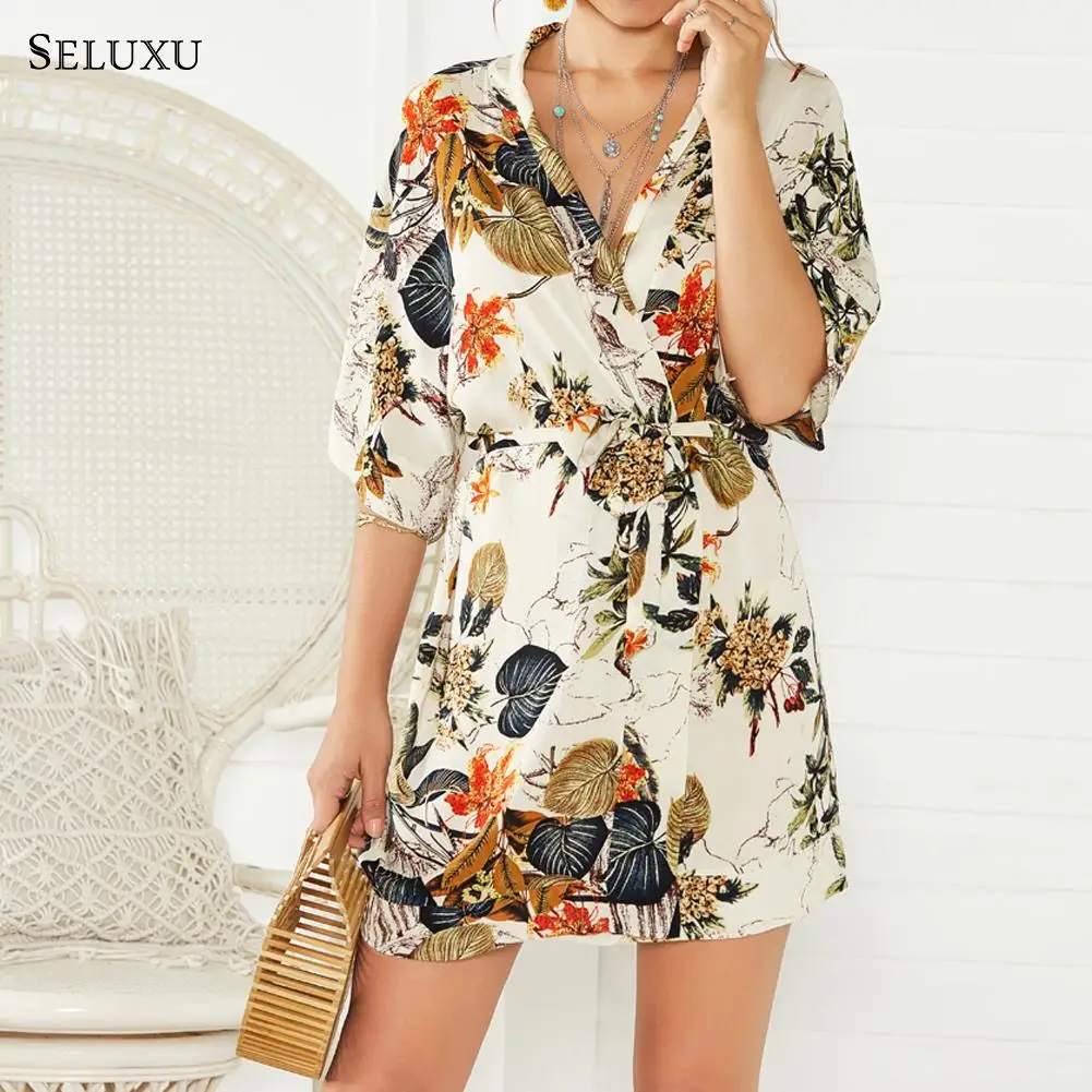 

Seluxu 2019 Spring New Fashion Women Dress Floral Print Sashes vestidos Dress V Neck vestidos Sexy Dress ropa mujer Casual Dress