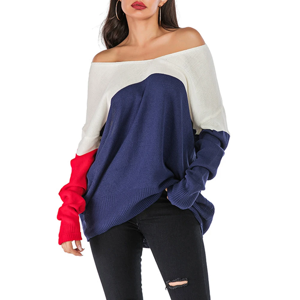 Achat Contraste couleur décontracté pull tricoté femmes Streetwear col en V à manches longues pulls lâche 2019 automne hiver femmes chandail