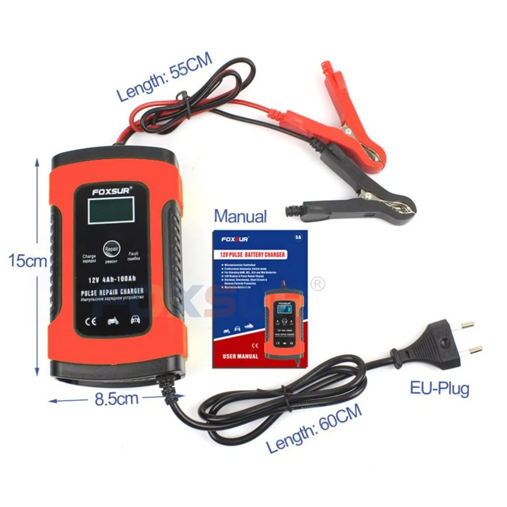 FOXSUR 12V для автомобилей и мотоциклов, интеллигентая(ый) Батарея Зарядное устройство ЖК-дисплей Дисплей EFB AGM гель ремонт импульса Батарея Зарядное устройство