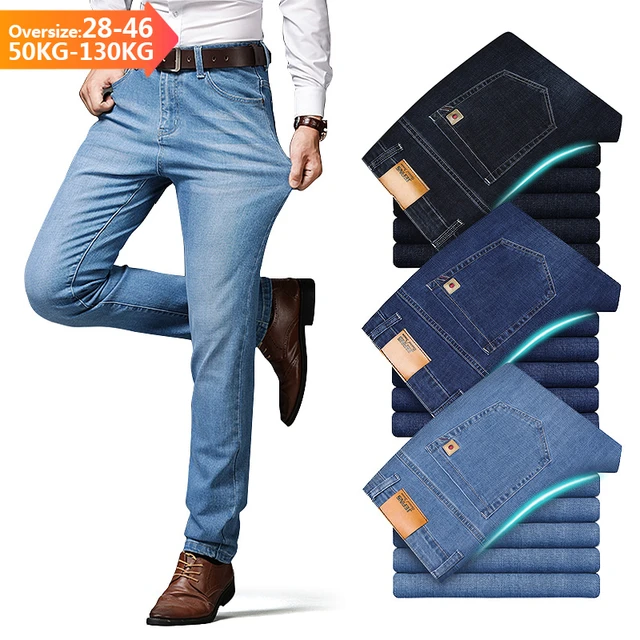 Men's Thin Jeans Spring Summer New Business Fashion Elastic Loose Straight  Denim Pants Light Blue Trousers Plus Size 40 42 44 - AliExpress
