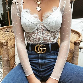 

Lugentolo Women Bodysuit Summer New Long-sleeved V-neck Perspective Backless Base Lace Sexy Fashion Solid Bodysuits