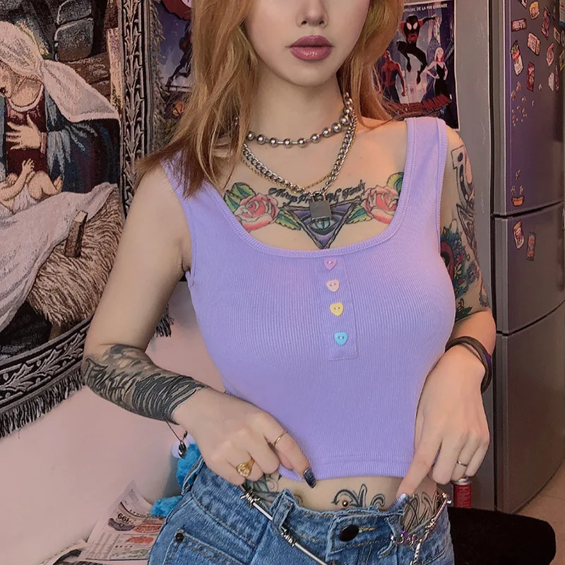 

Sexy Button 2020 Summer Slim Crop Top Fashion Womens Purple Vest Off Shoulder Tank Tops Halter Shirt Camisole Ladies Sleeveless