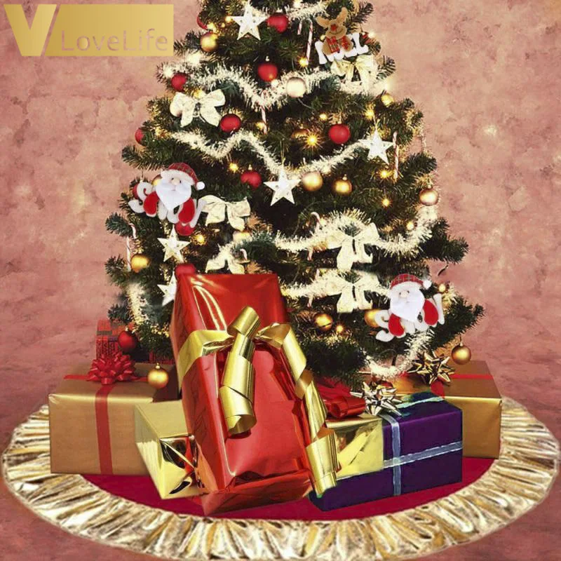 36" Gold Chrismtas Tree Skirt Colth New Year Decoration Ruffle Edge Cover Carpet Merry Christmas Supplies For Home Party