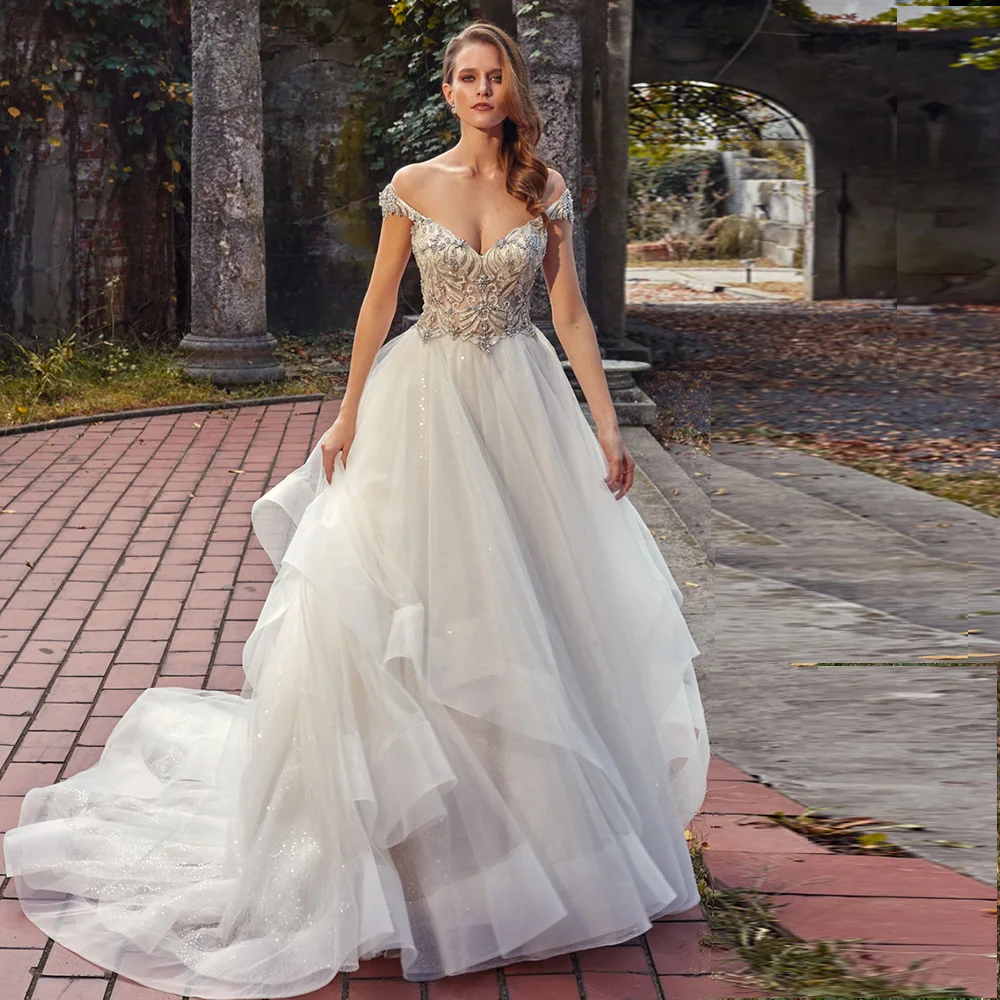 Abito da Sposa Boat Neck Luxury Wedding Dresses Off Shoulder Hochzeitskleid Crystal Beadings Vintage Vestido de Novia