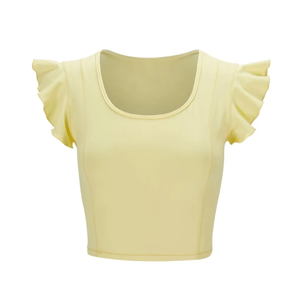 Sexy Cropped Yoga Top Short Sleeve Fitness T Shirt Women Breathable Running Training Sport T-shirt Lotus leaf Gym Fitness Tops