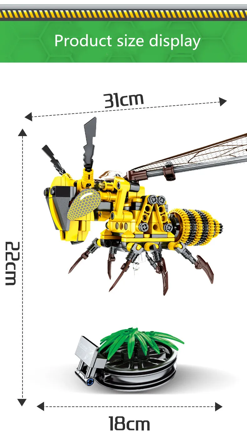 330 шт. механические строительные блоки Rhubarb Bee, вставляемые блоки, стрекоза, блоки насекомых, модели, наборы для гаража, обучающие игрушки