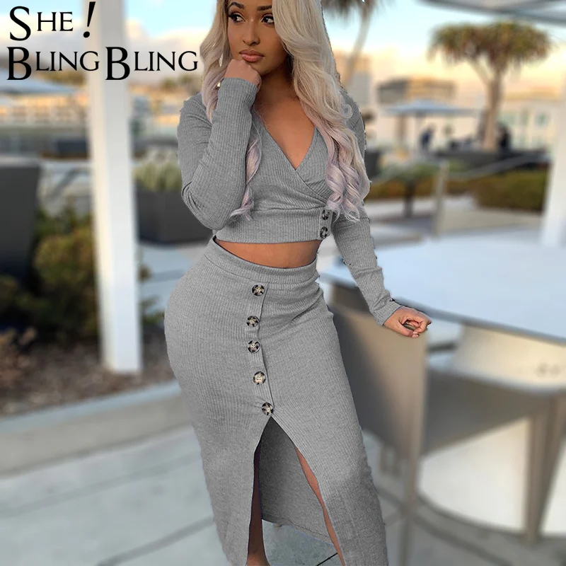 

SheBlingBling 2019 Autumn Winter 2 Piece Set Women Outfits V-neck Buttons Long Sleeve Crop Tops High Waist Split Midi Skirt Set
