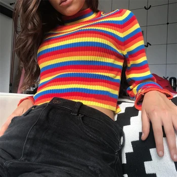 

Rainbow Stripes T Shirt Women Y2k Turtleneck Long Sleeve Knitwear Spring E Girl Slim Sexy Women Pullover Tops Streetwear Women