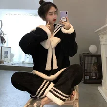 

Pajamas Women Autumn And Winter Black Thick Plush Warm Casual Home Service Suit