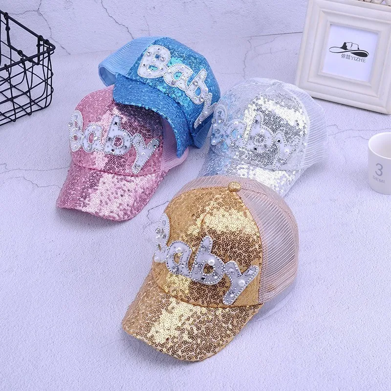 Обувь для девочек блёстки шляпы от солнца Дети Snapback сетчатая бейсболка кепки с жемчугом смешные шляпы сезон: весна-лето хип хоп мальчико