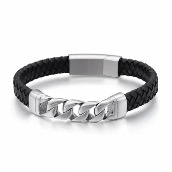 

22cm Fashion Woven Leather Bracelet For Men Stainless Steel Vintage Cuban Chain Charm Bracelet Bangle Jewelry Accessories
