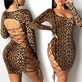 

Summer Dress Sexy Cross Bandage Backless Leopard Print Dress Women Long Sleeve Animal Print Party Club Bodycon Vestidos