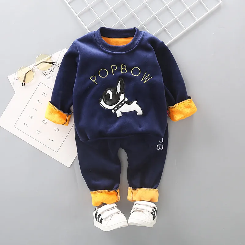YQ GOU NAVY Детская зимняя одежда для детей с героями мультфильмов, комплекты теплой одежды костюмы для мальчиков и девочек, толстая футболка для девочек+ штаны, наряды для маленьких детей тренировочный костюм 2 шт./компл. спортивные комплекты для девочек - Цвет: YQ GOU NAVY