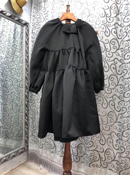 

2020 Early Autumn New Women's Neckline Bow Knot Decoration Solid Color Micro Peng Long-Sleeved Dress 902