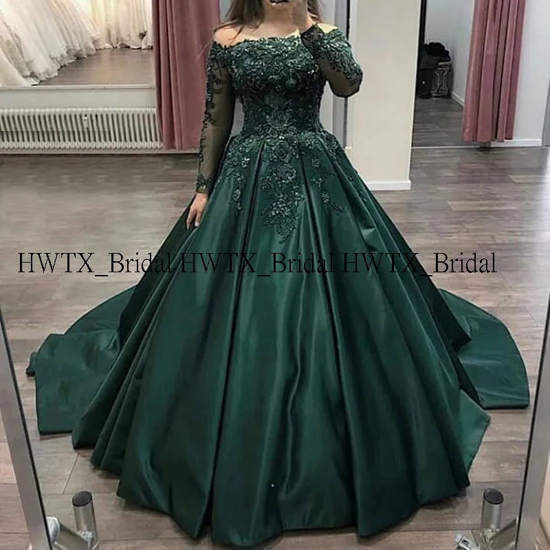 HWTX_Bridal размера плюс вечернее платье на заказ Новое зеленое атласное вечернее платье с длинным рукавом и вырезом лодочкой