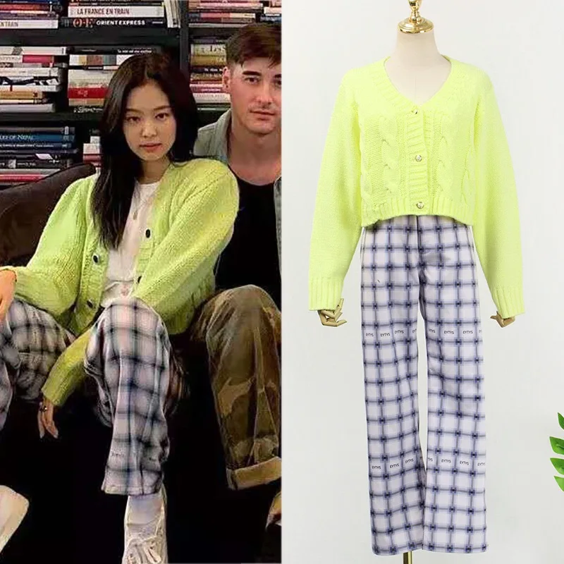 ^Cheap 1 set 2019 Autumn Korea Style Vintage Twist Knitting Cardigan Fluorescent green V neck Single-breasted Button Sweater Jumper ^Cheap 1 set 2019 Autumn Korea Style Vintage Twist Knitting Cardigan Fluorescent green V neck Single-breasted Button Sweater Jumper