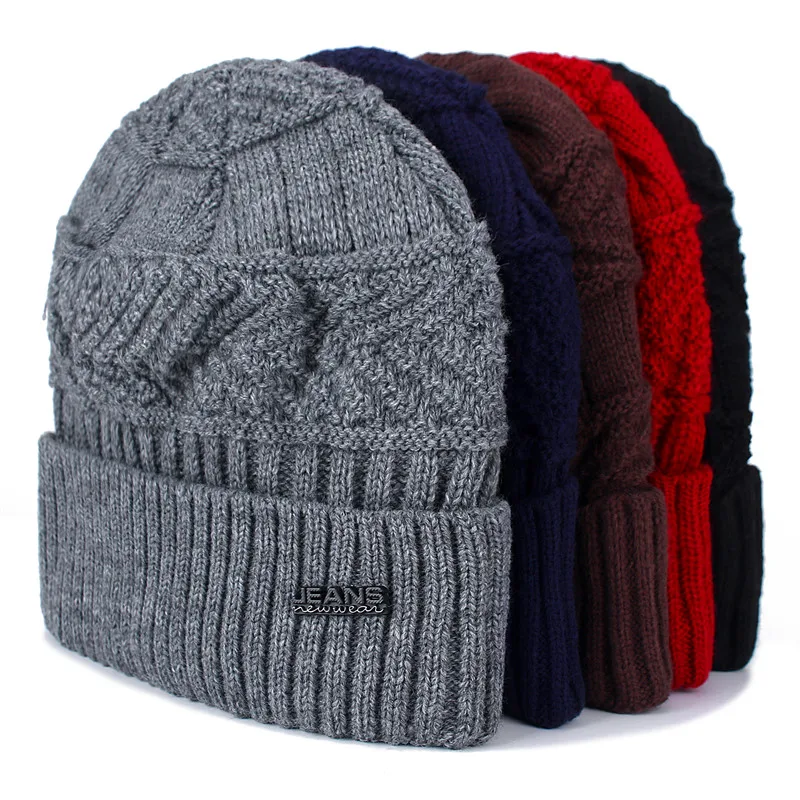 Hot Sale Unisex Warm Winter Hat Jeans Label Stylish Plush Fur Lined Soft Beanie Hat Thick Winter Hats For Women Men Knitted Hat