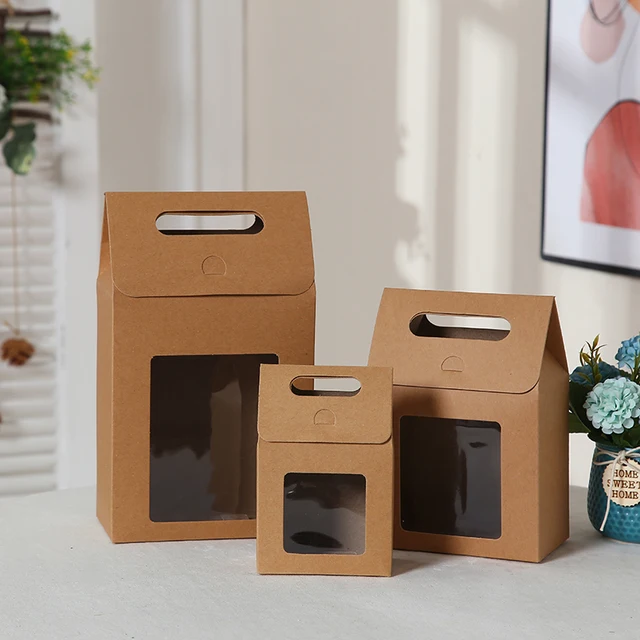 10pcs Red Blue Large Open Window Cowhide Carton Bag Kraft Handle Flap Seal Gift Box Portable Food Gift Small Color Packing Box kraft