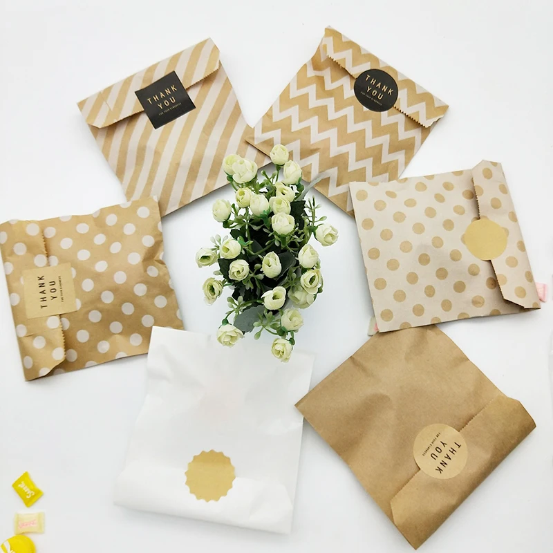 Kraft Paper Bag 100pcs Favor Sweet Popcorn Bags Brown White Dot Wave Stripe Candy Gift Packing Pouch Wedding Party Supplies | Дом и сад