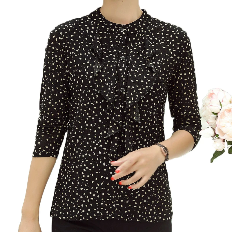 

White Polka Dot Pattern Chiffon Shirt Woman Crew Collar Ruffle Hem Long Sleeve Small Printing Tops Women Blouses Smart Casual