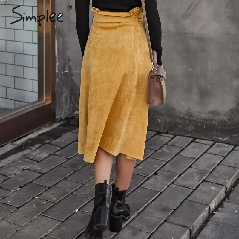 Cena Simplee A line spódnica sztruksowa kobiety jesienno zimowa vintage harajuku dla kobiet spódnica trzy czwarte elegancka wysoka talia szarfa pasek spódnica damska