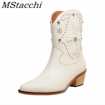 

Mstacchi Genuine Leather Rhinestone Women Short Boots Pointed Solid Color 2020 New Fashion Classics Madam Shoes Zapatos De Mujer