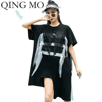 

QING MO Plus Size Women Irregular T Shirt 2020 Newest Women Summer Printed T Shirt Female Mixture T Shirt Black Orange ZQY3714