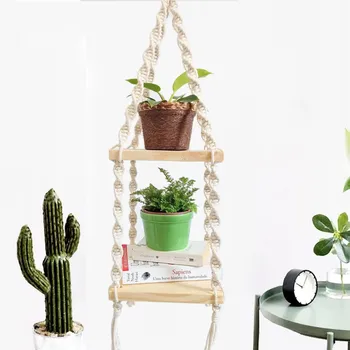 

Bohemian Handmade Wooden Wall Hanging Rope Shelf Living Room Kitchen Storage Organization Floating Shelves Home Decor