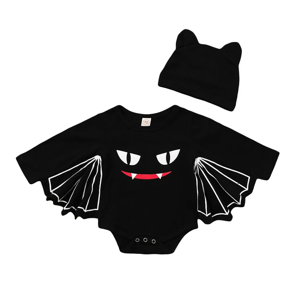 Cute Chidlren Kids Suits Newborn Baby Boys Girls Clothing Set Halloween Cosplay Costume Print Romper Bodysuit+Hat Outfits