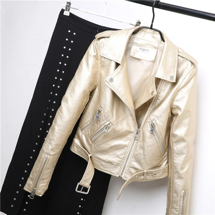 Metallic Leather Jacket Woman Motorcycle Short Jacket Lapel Asymmtrical Zipper Coat Punk Streetwear