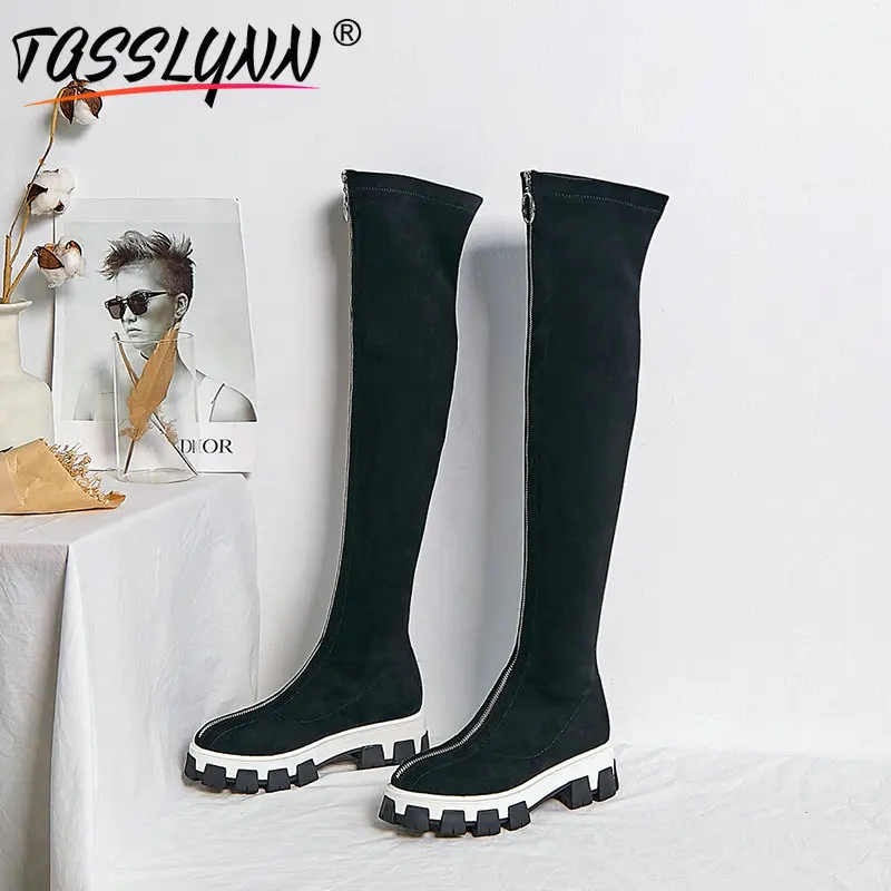

TASSLYNN 2019 Shoes Slim Boots Korea Style Zipper Elegant Kid Suede Stretch Fabric Over The Knee Boots Round Toe Size 34-40